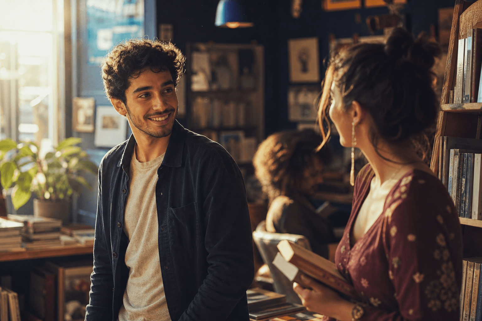 A man making a warm, confident first introduction to a stranger in a sunlit bookstore.