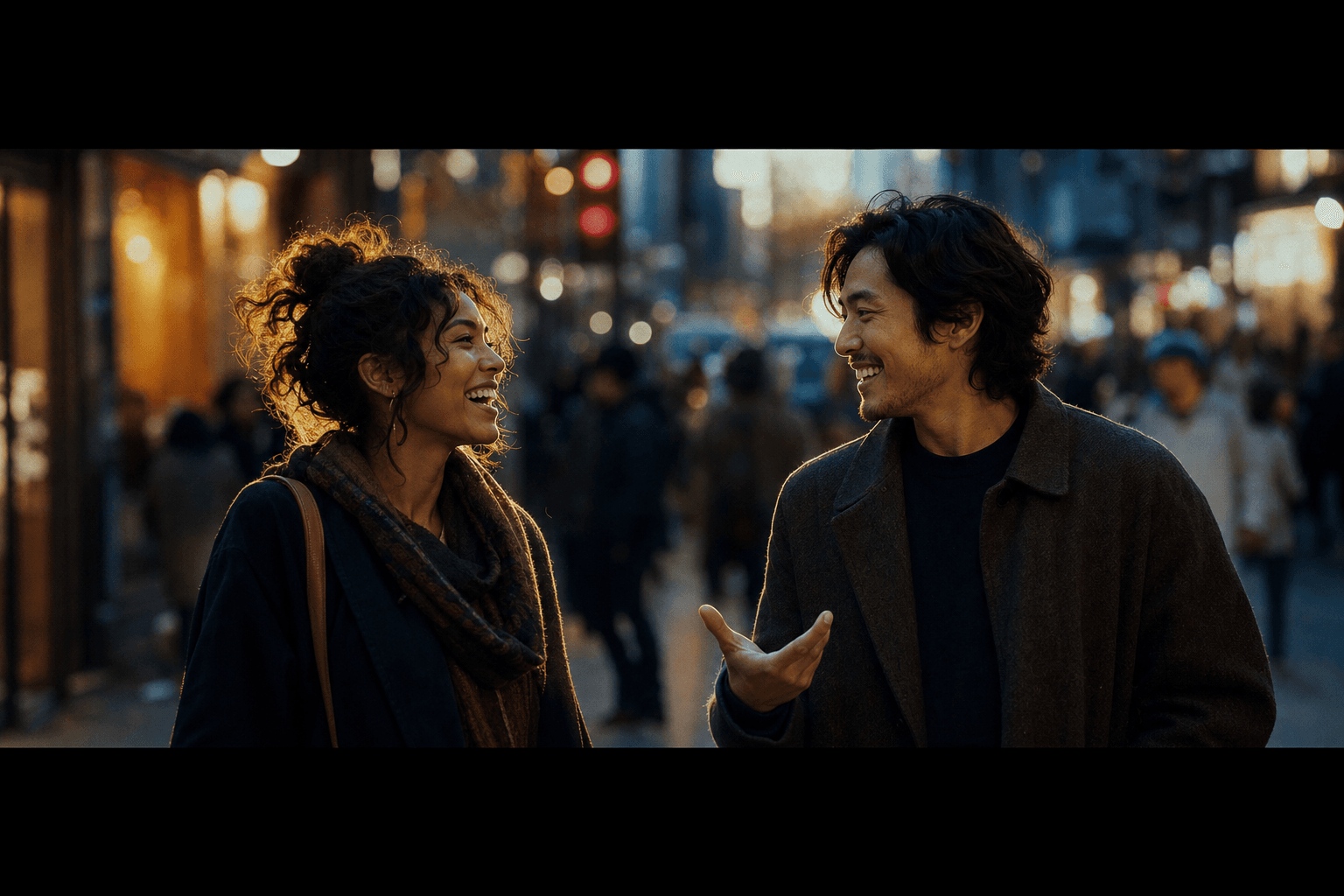 Two people sharing a real, unguarded moment of connection on a city street at golden hour.