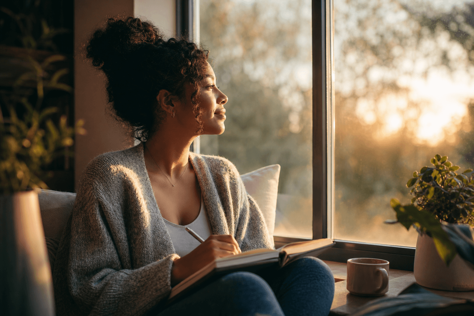 A person pausing in warm morning light to journal a positive affirmation.