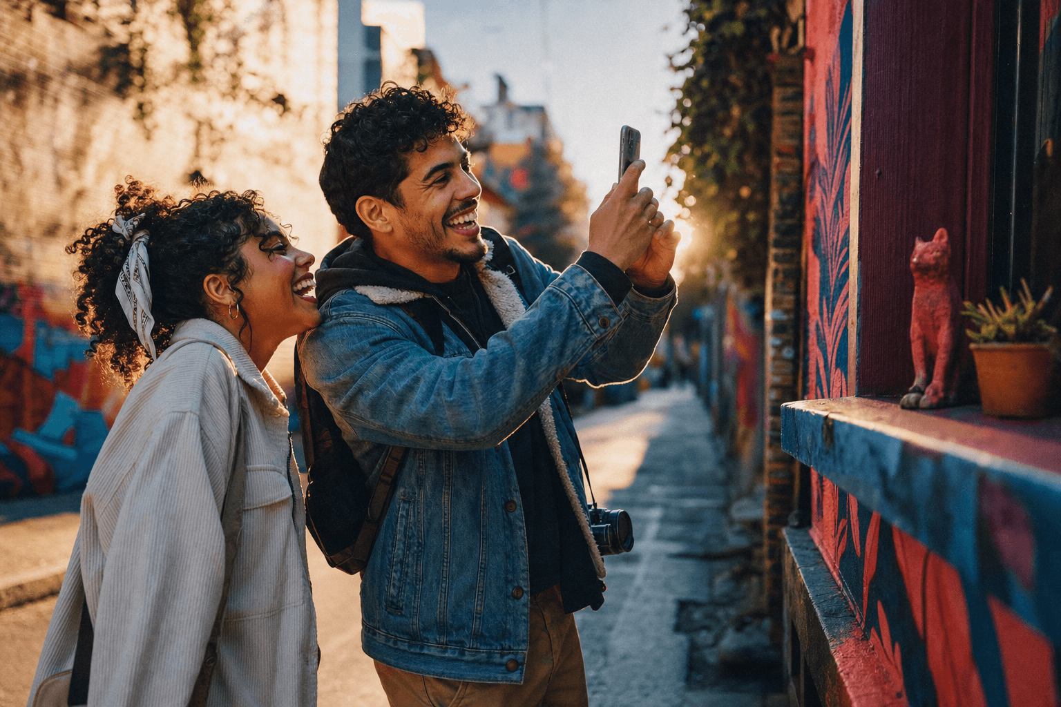 A laughing couple on a photo scavenger hunt in a colorful mural-painted alley.