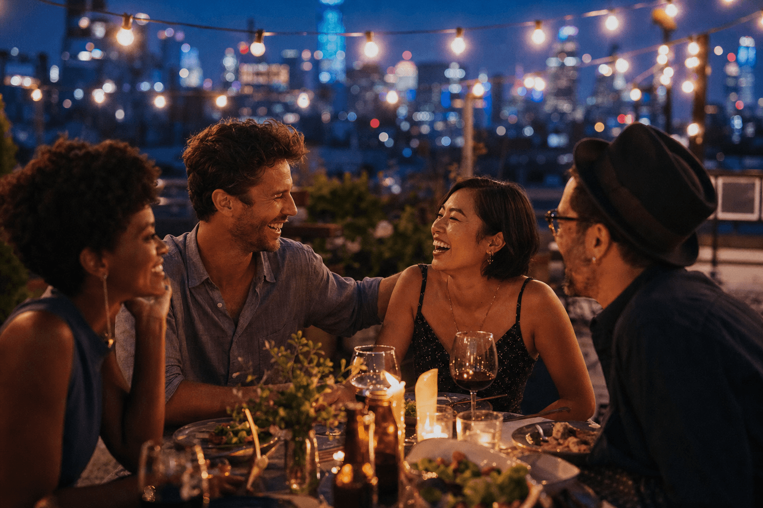 Friends fully present with one another over a candle-lit rooftop dinner at dusk—no phones in sight.